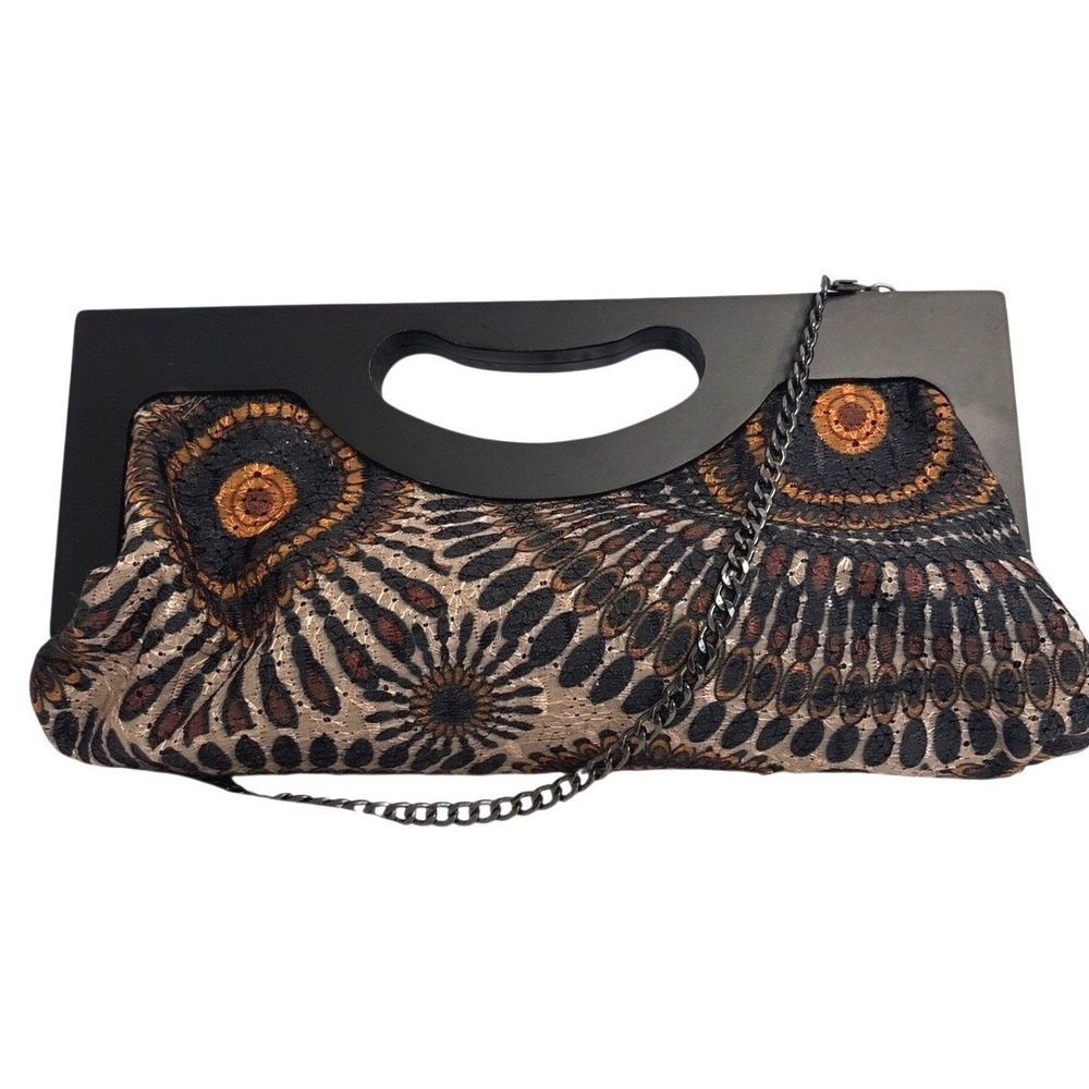 Scarleton Wood Handle Clutch Bag Embroidered‎ Medallion Boho Shoulder Bag Black